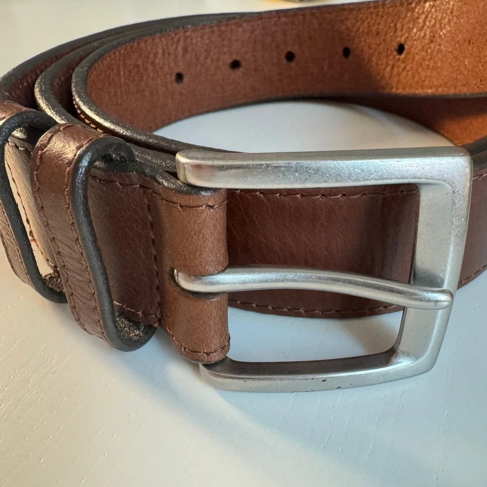 Vtg Western Brown Genuine Leather‎ Belt Made in USA Silver Buckle Cognac XL